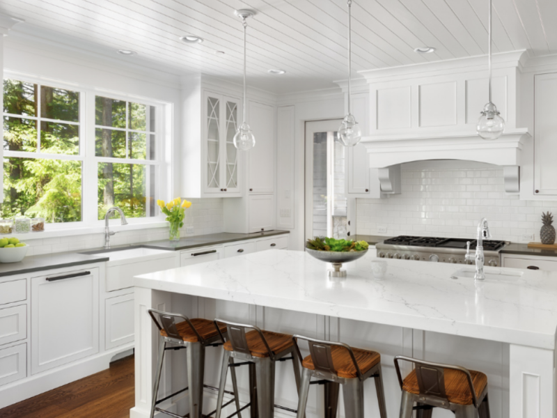 granite countertops with white cabinets