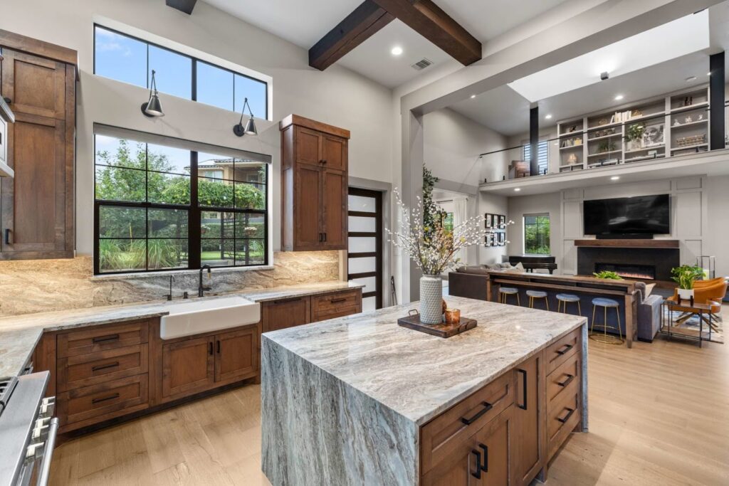 open plan kitchen with stunning countertops